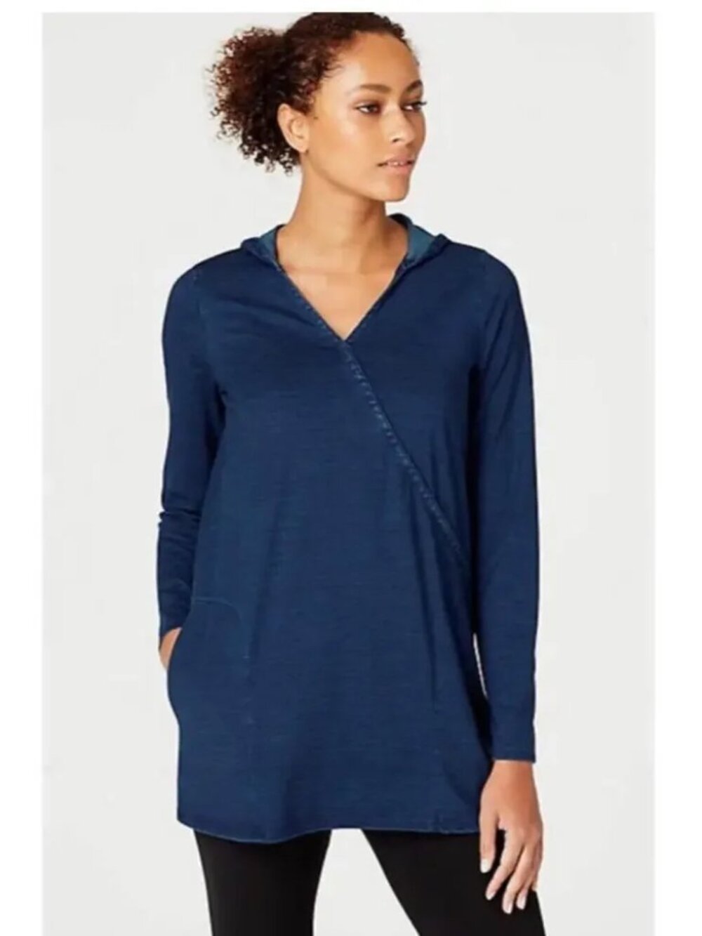 Pure J Jill XL Indigo Faux Wrap Button LS Hoodie Tunic Top